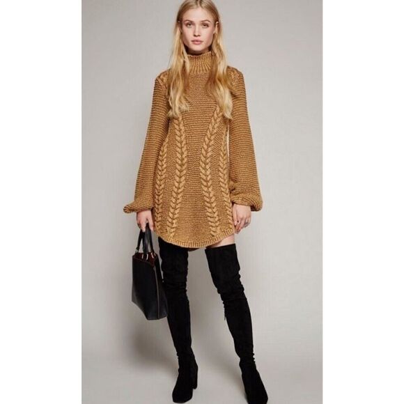 Free people Back to back Beige knit sweater tunic mini dress ballon sleeve M - Picture 1 of 12